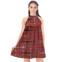 Rust Red Zig Zag Pattern Halter Neckline Chiffon Dress 