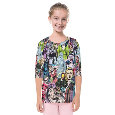 Vintage Horror Collage Pattern Kids  Quarter Sleeve Raglan Tee by BangZart