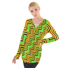 Green Red Brown Zig Zag Background Women s Tie Up Tee by BangZart