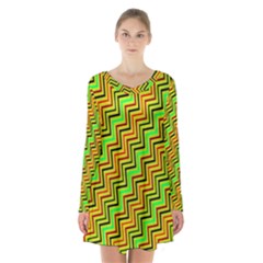 Green Red Brown Zig Zag Background Long Sleeve Velvet V-neck Dress by BangZart