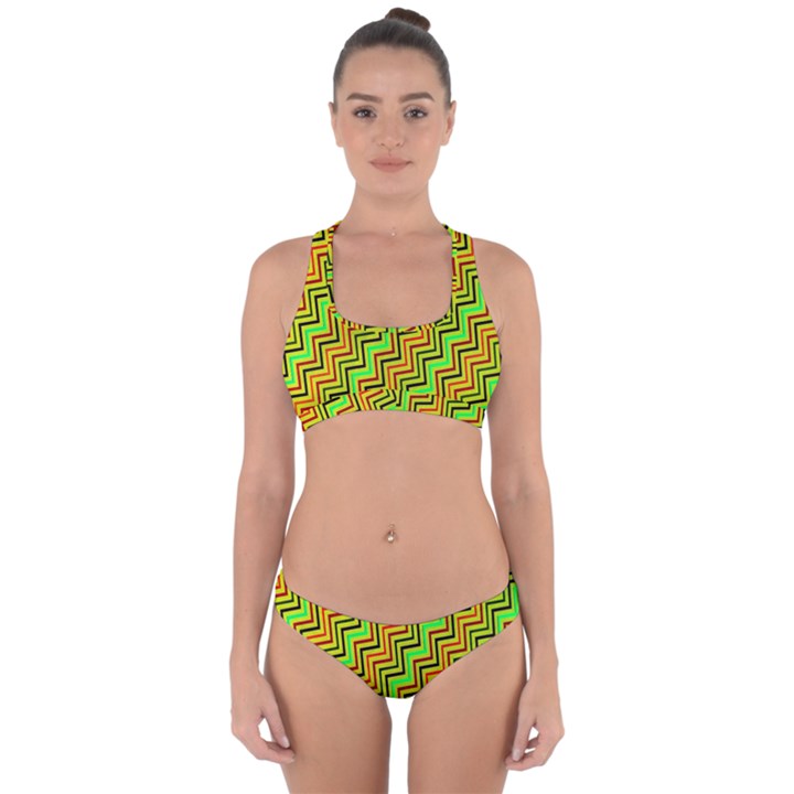 Green Red Brown Zig Zag Background Cross Back Hipster Bikini Set