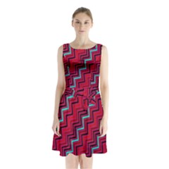 Red Turquoise Black Zig Zag Background Sleeveless Waist Tie Chiffon Dress by BangZart