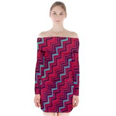 Red Turquoise Black Zig Zag Background Long Sleeve Off Shoulder Dress by BangZart