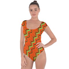 Orange Turquoise Red Zig Zag Background Short Sleeve Leotard 