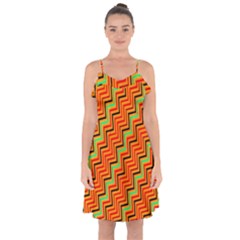 Orange Turquoise Red Zig Zag Background Ruffle Detail Chiffon Dress