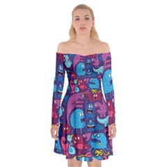 Hipster Pattern Animals And Tokyo Off Shoulder Skater Dress