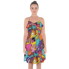 Monster Patterns Ruffle Detail Chiffon Dress