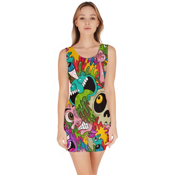 Crazy Illustrations & Funky Monster Pattern Sleeveless Bodycon Dress