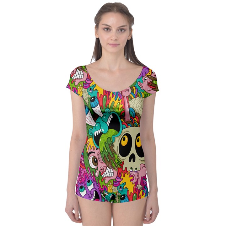 Crazy Illustrations & Funky Monster Pattern Boyleg Leotard 