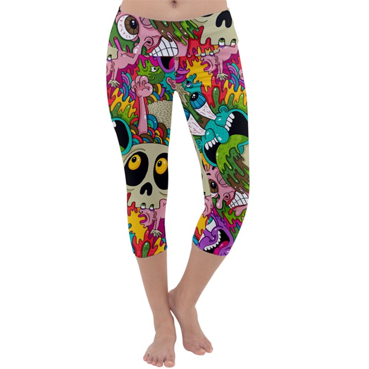 Crazy Illustrations & Funky Monster Pattern Capri Yoga Leggings