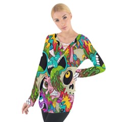 Crazy Illustrations & Funky Monster Pattern Women s Tie Up Tee by BangZart