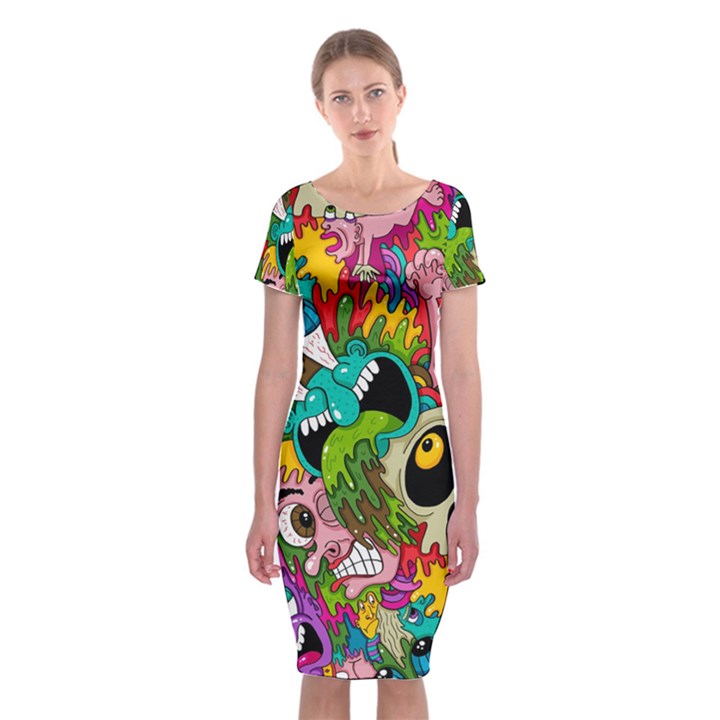 Crazy Illustrations & Funky Monster Pattern Classic Short Sleeve Midi Dress