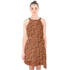 Brown Zig Zag Background Halter Collar Waist Tie Chiffon Dress