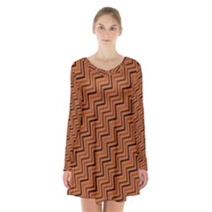 Brown Zig Zag Background Long Sleeve Velvet V-neck Dress by BangZart