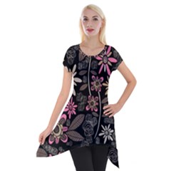 Flower Art Pattern Short Sleeve Side Drop Tunic by BangZart