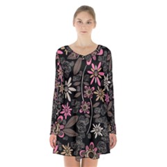 Flower Art Pattern Long Sleeve Velvet V-neck Dress by BangZart