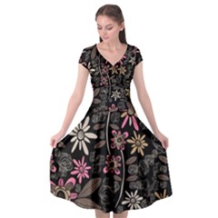 Flower Art Pattern Cap Sleeve Wrap Front Dress