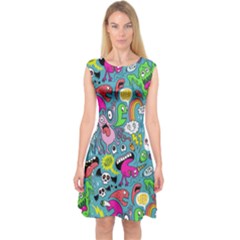 Monster Party Pattern Capsleeve Midi Dress by BangZart