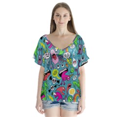 Monster Party Pattern Flutter Sleeve Top by BangZart