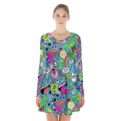 Monster Party Pattern Long Sleeve Velvet V-neck Dress by BangZart