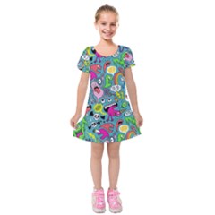 Monster Party Pattern Kids  Short Sleeve Velvet Dress by BangZart