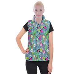 Monster Party Pattern Women s Button Up Puffer Vest by BangZart