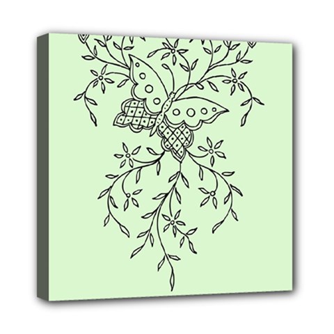 Illustration Of Butterflies And Flowers Ornament On Green Background Mini Canvas 8  X 8  by BangZart