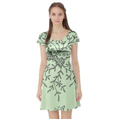 Illustration Of Butterflies And Flowers Ornament On Green Background Short Sleeve Skater Dress by BangZart