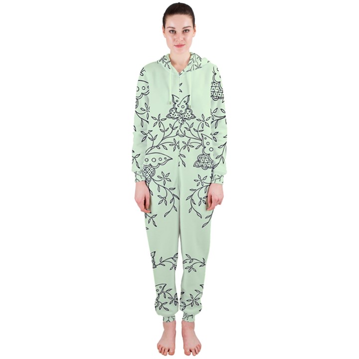 Illustration Of Butterflies And Flowers Ornament On Green Background Hooded Jumpsuit (Ladies) 