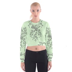 Illustration Of Butterflies And Flowers Ornament On Green Background Cropped Sweatshirt by BangZart