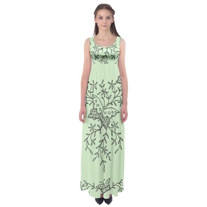 Illustration Of Butterflies And Flowers Ornament On Green Background Empire Waist Maxi Dress