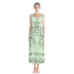 Illustration Of Butterflies And Flowers Ornament On Green Background Button Up Chiffon Maxi Dress