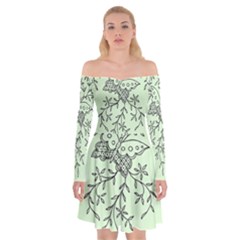 Illustration Of Butterflies And Flowers Ornament On Green Background Off Shoulder Skater Dress by BangZart