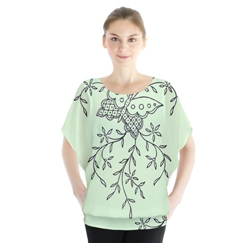 Illustration Of Butterflies And Flowers Ornament On Green Background Blouse by BangZart