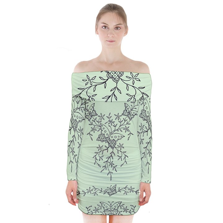 Illustration Of Butterflies And Flowers Ornament On Green Background Long Sleeve Off Shoulder Dress