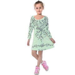 Illustration Of Butterflies And Flowers Ornament On Green Background Kids  Long Sleeve Velvet Dress by BangZart