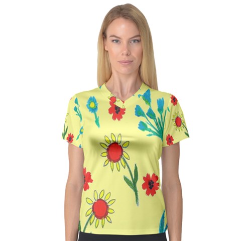 Flowers Fabric Design Women s V-neck Sport Mesh Tee by BangZart