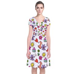 Cute Doodle Wallpaper Pattern Short Sleeve Front Wrap Dress by BangZart