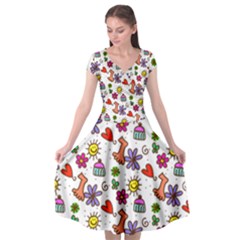 Cute Doodle Wallpaper Pattern Cap Sleeve Wrap Front Dress