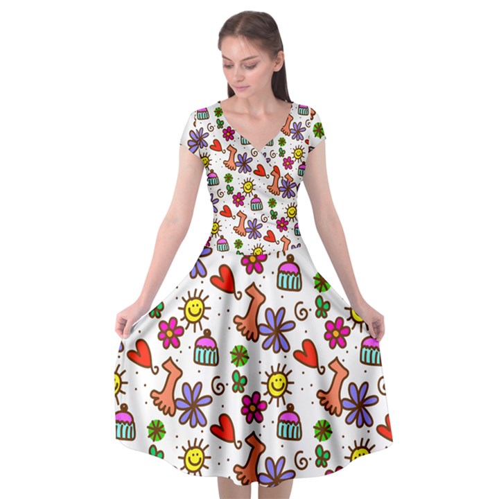 Cute Doodle Wallpaper Pattern Cap Sleeve Wrap Front Dress