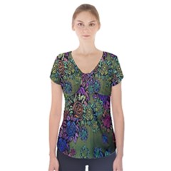 Grunge Rose Background Pattern Short Sleeve Front Detail Top