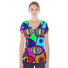 Digitally Painted Colourful Abstract Whimsical Shape Pattern Short Sleeve Front Detail Top by BangZart