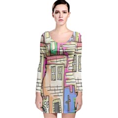 A Village Drawn In A Doodle Style Long Sleeve Velvet Bodycon Dress by BangZart