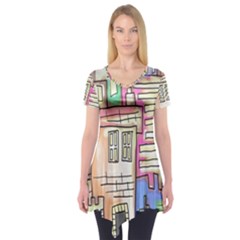 A Village Drawn In A Doodle Style Short Sleeve Tunic  by BangZart