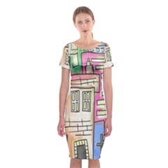 A Village Drawn In A Doodle Style Classic Short Sleeve Midi Dress by BangZart