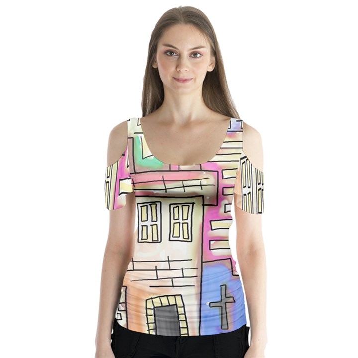 A Village Drawn In A Doodle Style Butterfly Sleeve Cutout Tee 