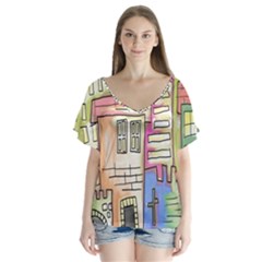 A Village Drawn In A Doodle Style Flutter Sleeve Top by BangZart