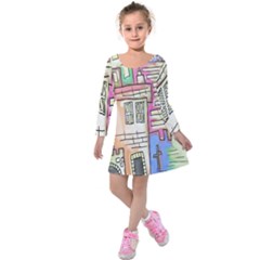 A Village Drawn In A Doodle Style Kids  Long Sleeve Velvet Dress by BangZart