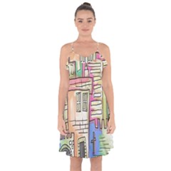 A Village Drawn In A Doodle Style Ruffle Detail Chiffon Dress by BangZart