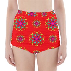 Rainbow Colors Geometric Circles Seamless Pattern On Red Background High-waisted Bikini Bottoms by BangZart